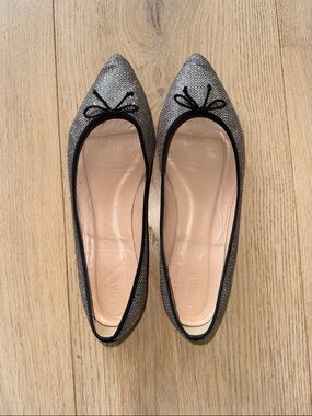 J. CREW! DAY OR NIGHT! Pointed Metallic BALLET FLATS in Silver with Black Trim.